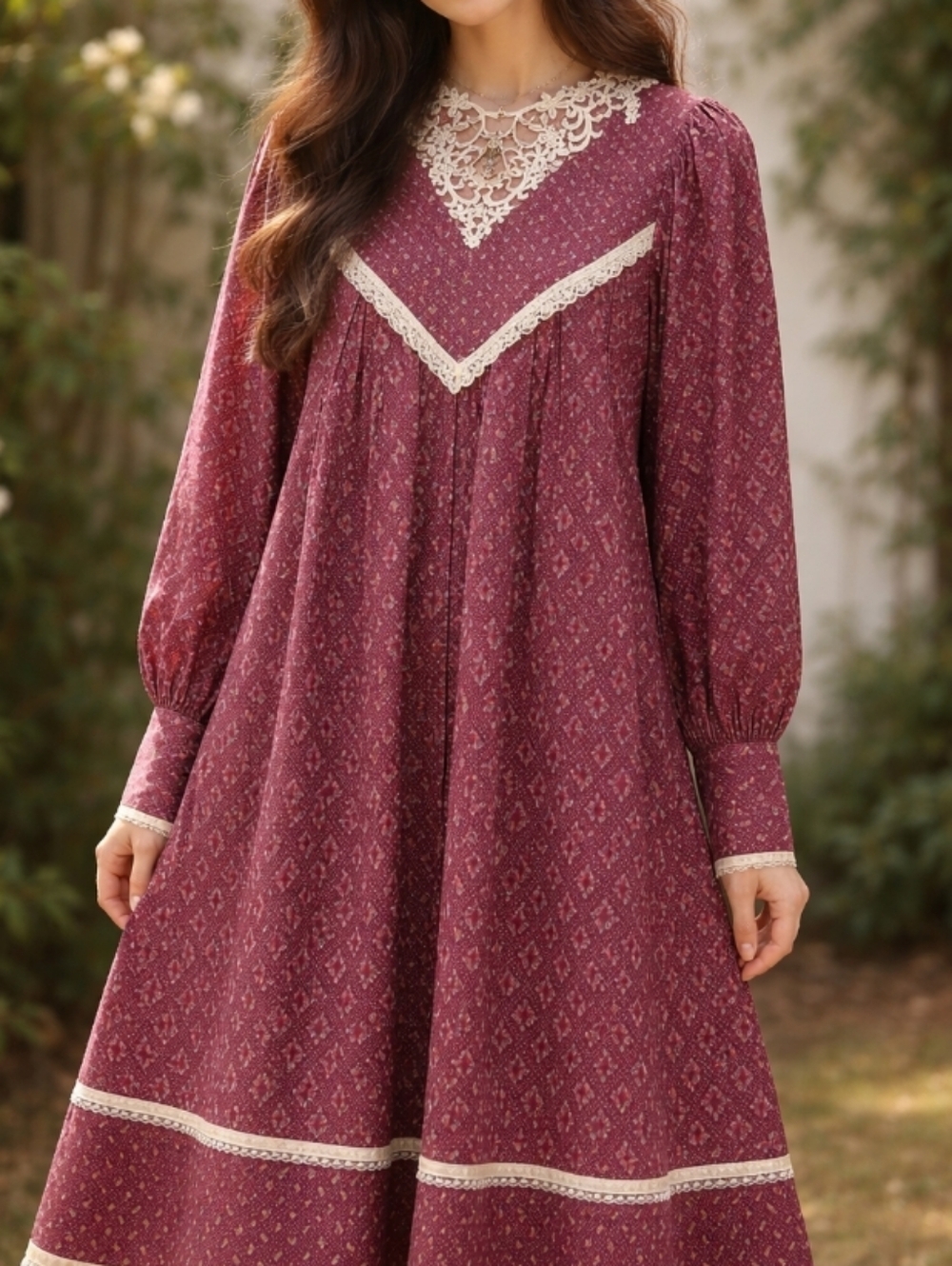 Vintage 70s Gunne Sax Burgundy Lace-Yoke Prairie Dress Size 7 Cottagecore